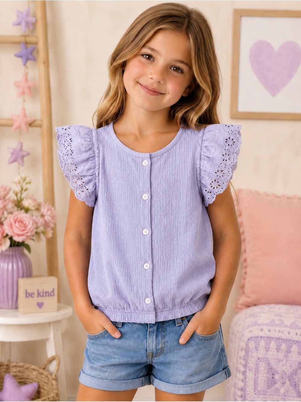 Isaac Mizrahi Lavender Eyelet Flutter Sleeve Button-Front Top
